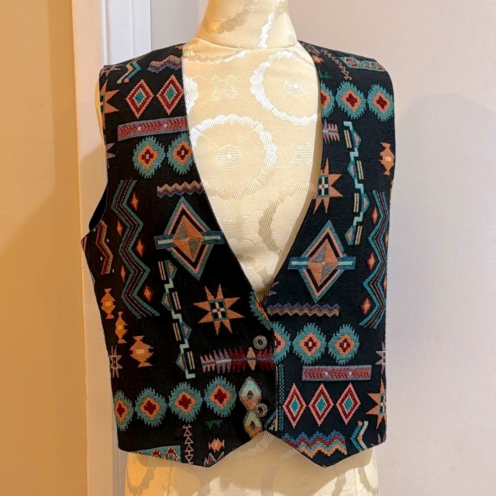 Deborah Murray Vintage Tapestry Southwestern Geometric Black Button Tie Back XS